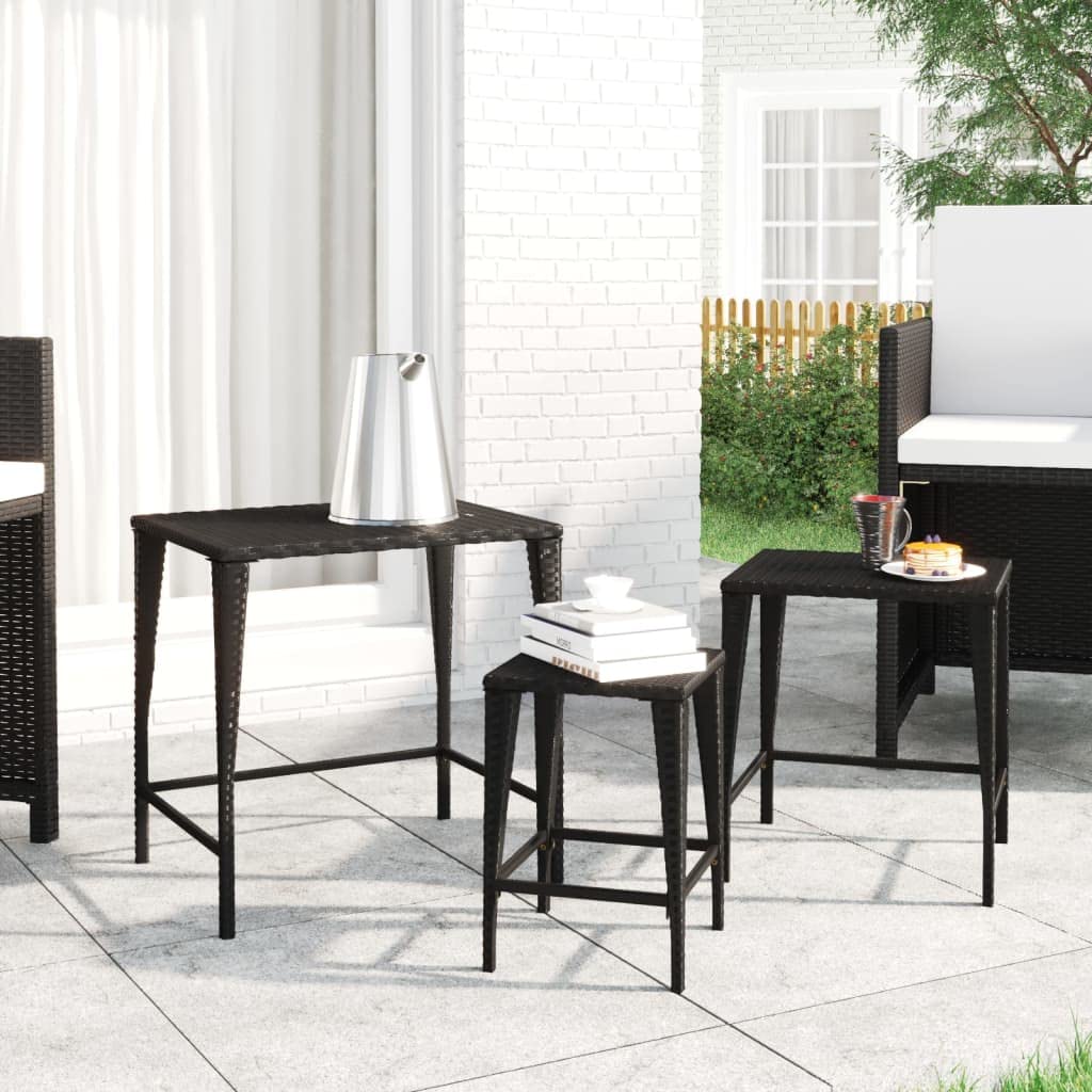 vidaXL Black Poly Rattan Nesting Tables - Weather-Resistant, Easy to Clean, Versatile for Indoor and Outdoor use, with Sturdy Steel Frames