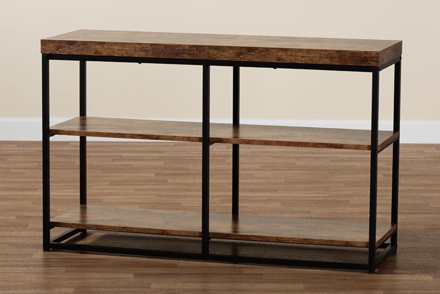 Baxton Studio Bardot Industrial Walnut Wood and Black Metal 3-Tier Console Table