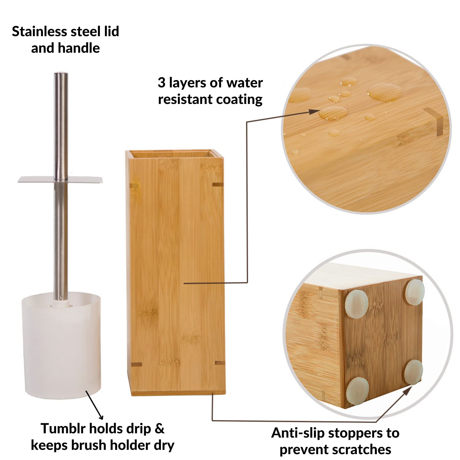 Gobam Bamboo Toilet Bowl Cleaner With Holder For All Toilet Types - Hidden Stainless Steel Toilet Brush - Bathroom Cleaning Brus