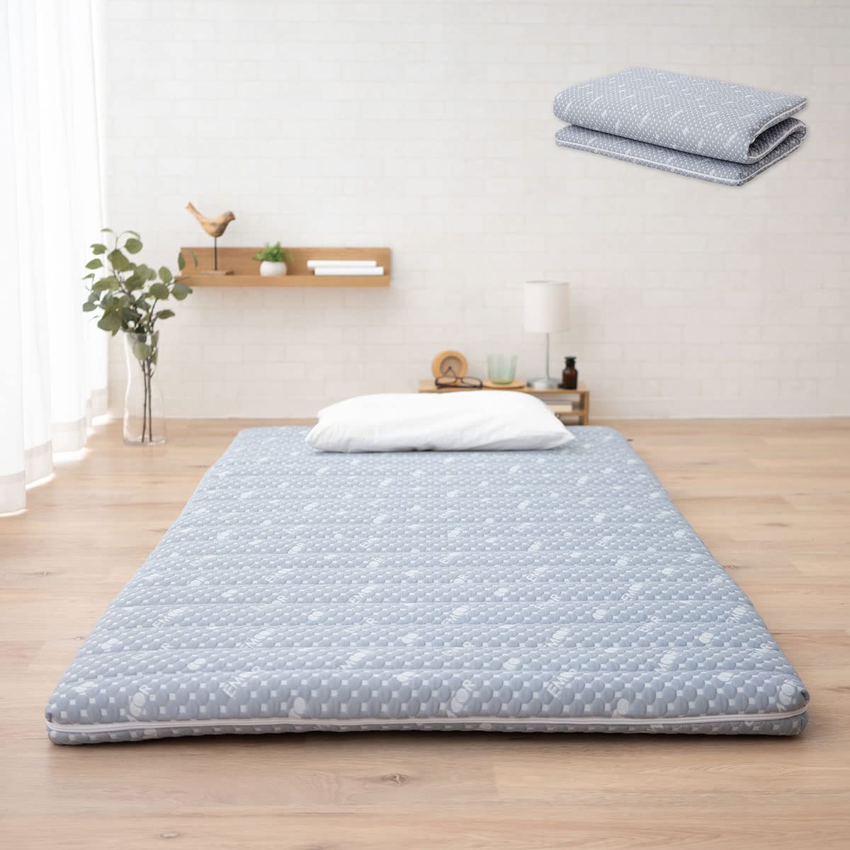 Emoor Foldable Hybrid Futon Mattress, High-Resilience Urethane Foam 150N With Washable Padded Cover, Twin, Tatami Floor Sleeping Mat Pad Topper, Gray