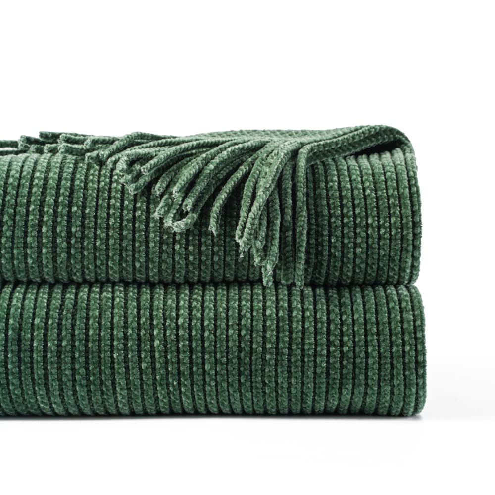 Battilo Home Dark Green Throw Blanket For Couch, Soft Chenille Knit Throws With Tassels For Home Decor, Spring Green Throws For
