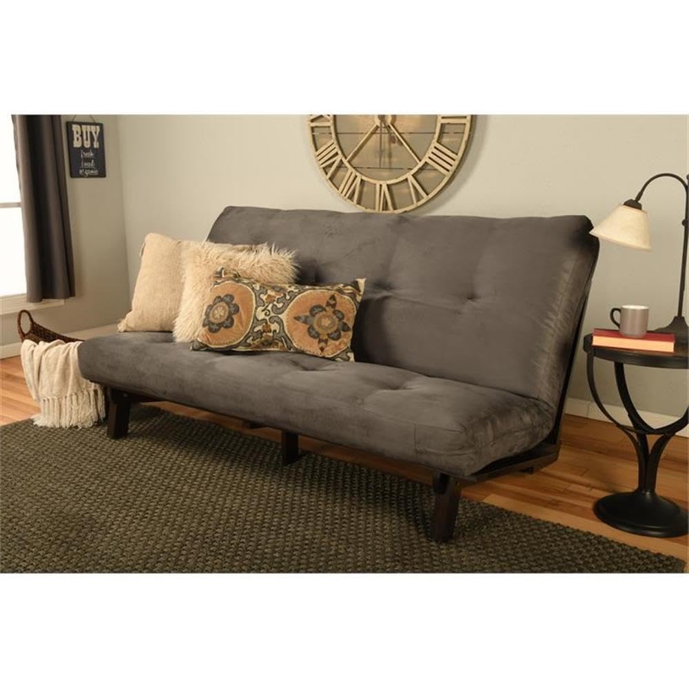 Kodiak Furniture Carson Full Size Futon Frame and Mattress Set - Java Brown Finish Wood Futon Frame with Mattress Included in Suede Gray Color