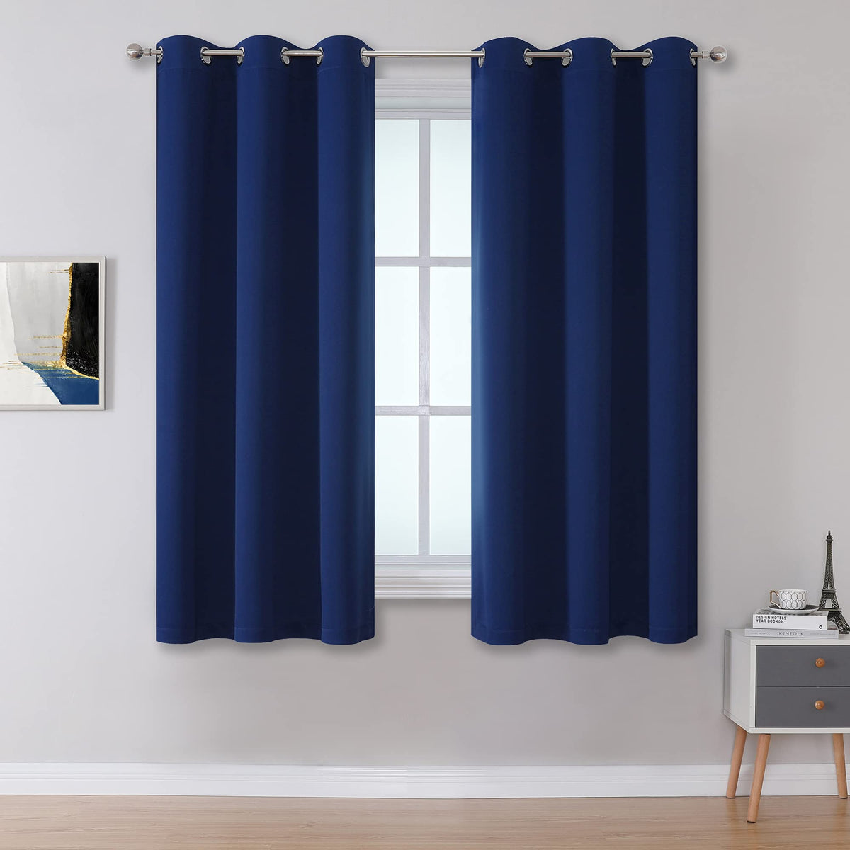 Dualife Navy Blue Short Blackout Curtains For Bedroom - Kitchen Curtains Thermal Insulated Curtain Panels 34 Inch, Grommet Cafe