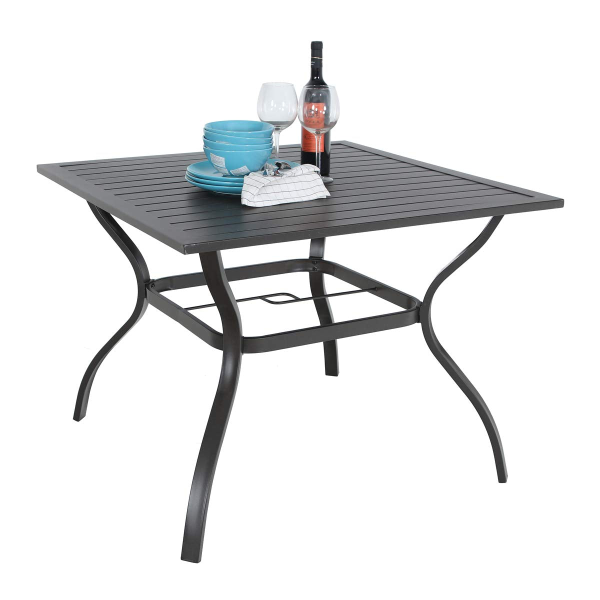 Phi Villa 37' Patio Table For 4, Metal Outdoor Dining Table With E-Coating, Square Steel Slated Outdoor Table With 1.57' Umbrella Hole For Garden Backyard, Black