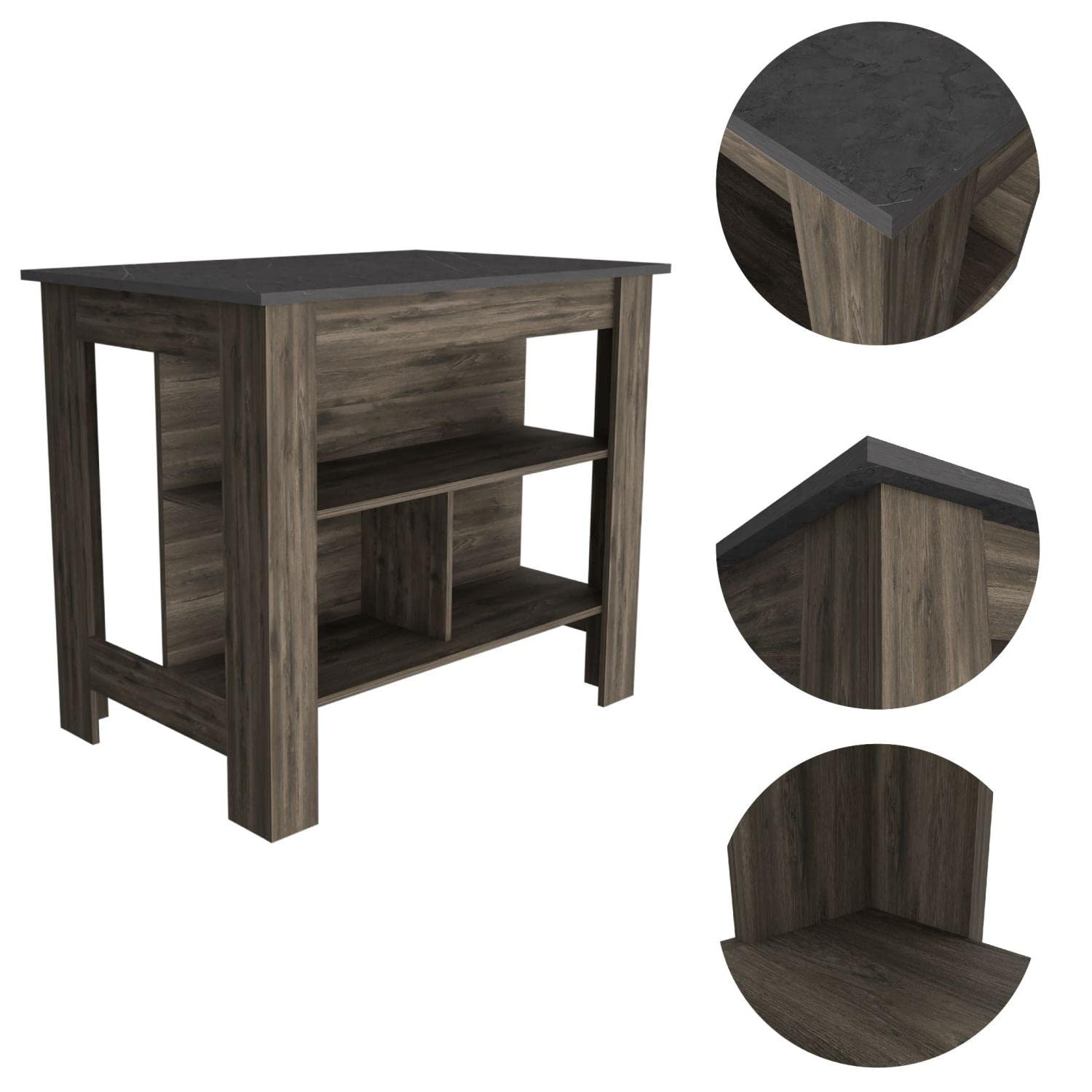 Kitchen Island, Kitchen Table 35" H, 4 Legs, 3 Open Storage Shelves, Dark Brown/Onix
