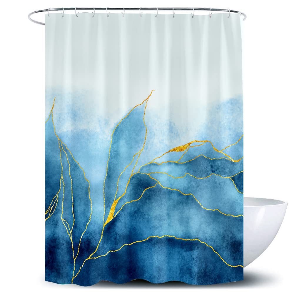 De-Mediocre Marble Shower Curtain Ombre Blue Gold, Modern For Bathroom Blue Golden Lines Striped Fabric Waterproof Polyester, 72