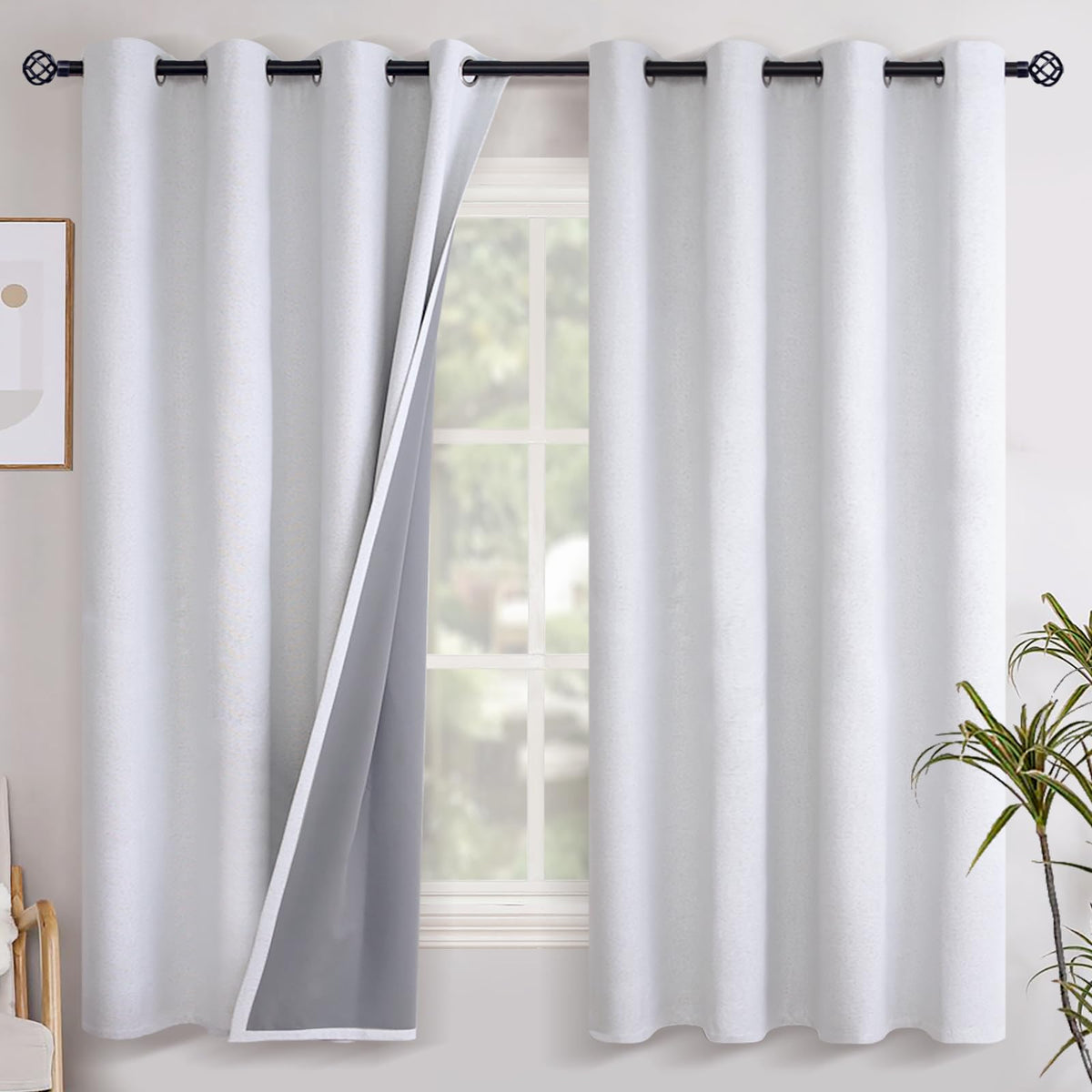 Youngstex Linen Blackout Curtains 63 Inches Length For Bedroom, Grommet Full Room Darkening White Linen Window Drapes Thermal In