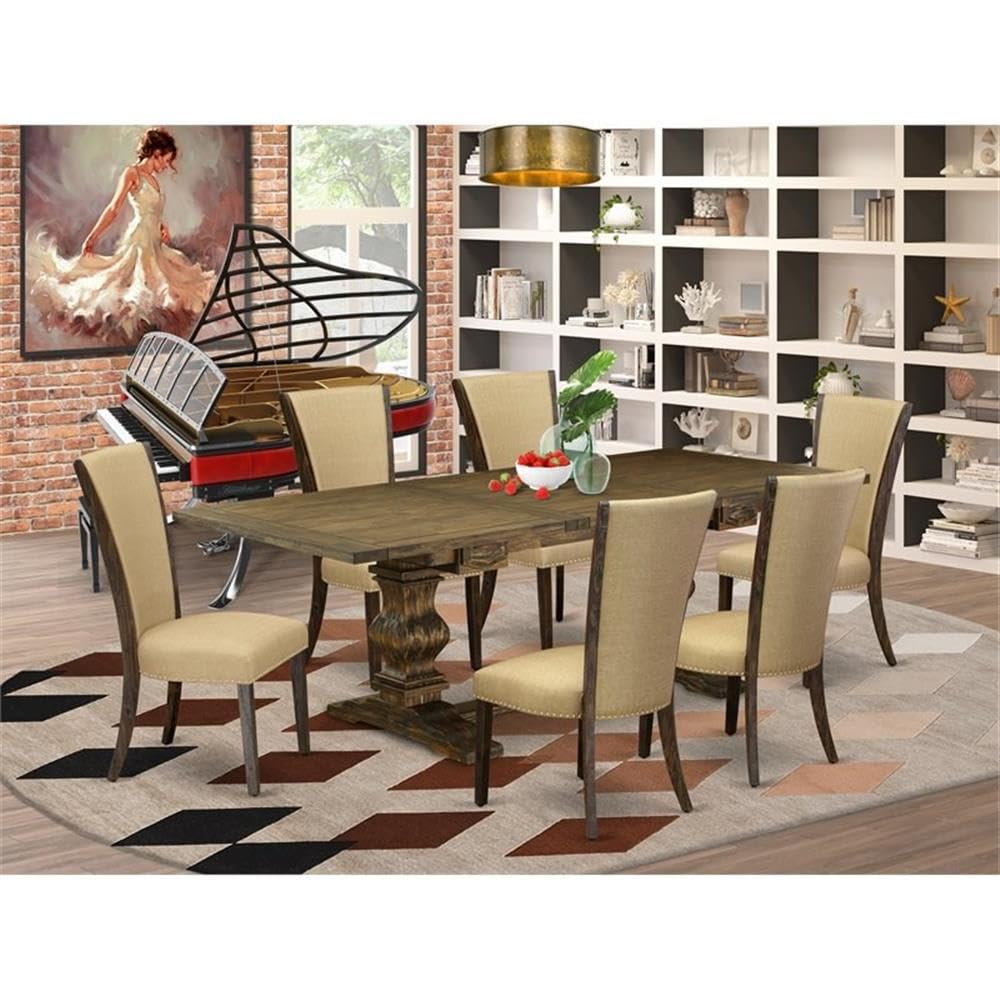 East West Furniture Lave7-77-03 7 Piece Kitchen Table Set Consist Of A Rectangle Dining Table With Removable Leaf And 6 Brown Linen Fabric Parson Dining Chairs, 42X92 Inch, Jacobean