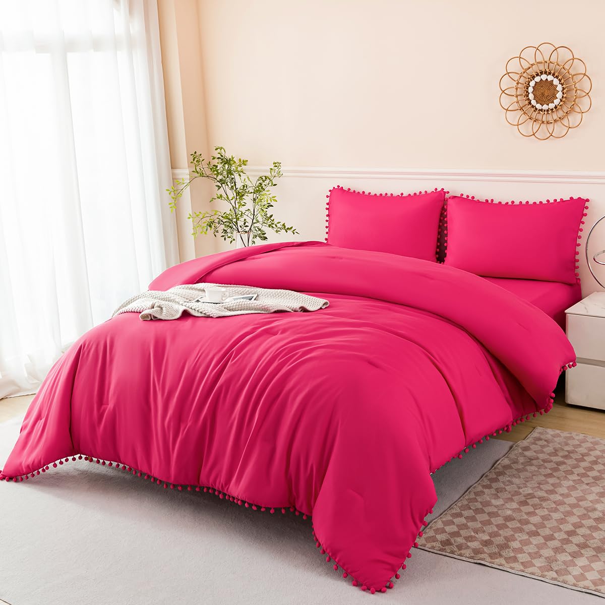 Perfemet Hot Pink Bedding Full Set 5 Piece Bed In A Bag Boho Pom Pom Bedding Comforter Set With Sheets Soft Fluffy Solid Bed Set