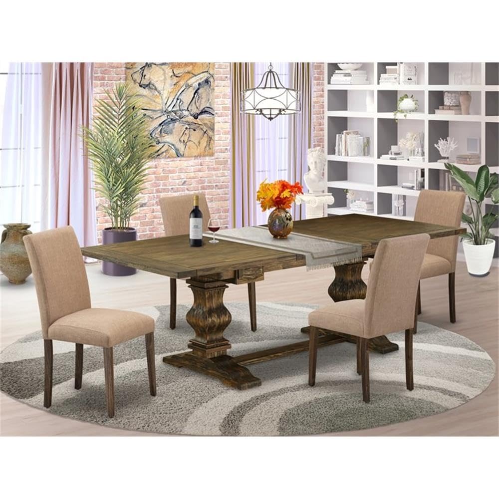 East West Furniture Laab5-77-47 5 Piece Dining Set Includes A Rectangle Dining Room Table With Butterfly Leaf And 4 Light Sable Linen Fabric Upholstered Chairs, 42X92 Inch, Jacobean