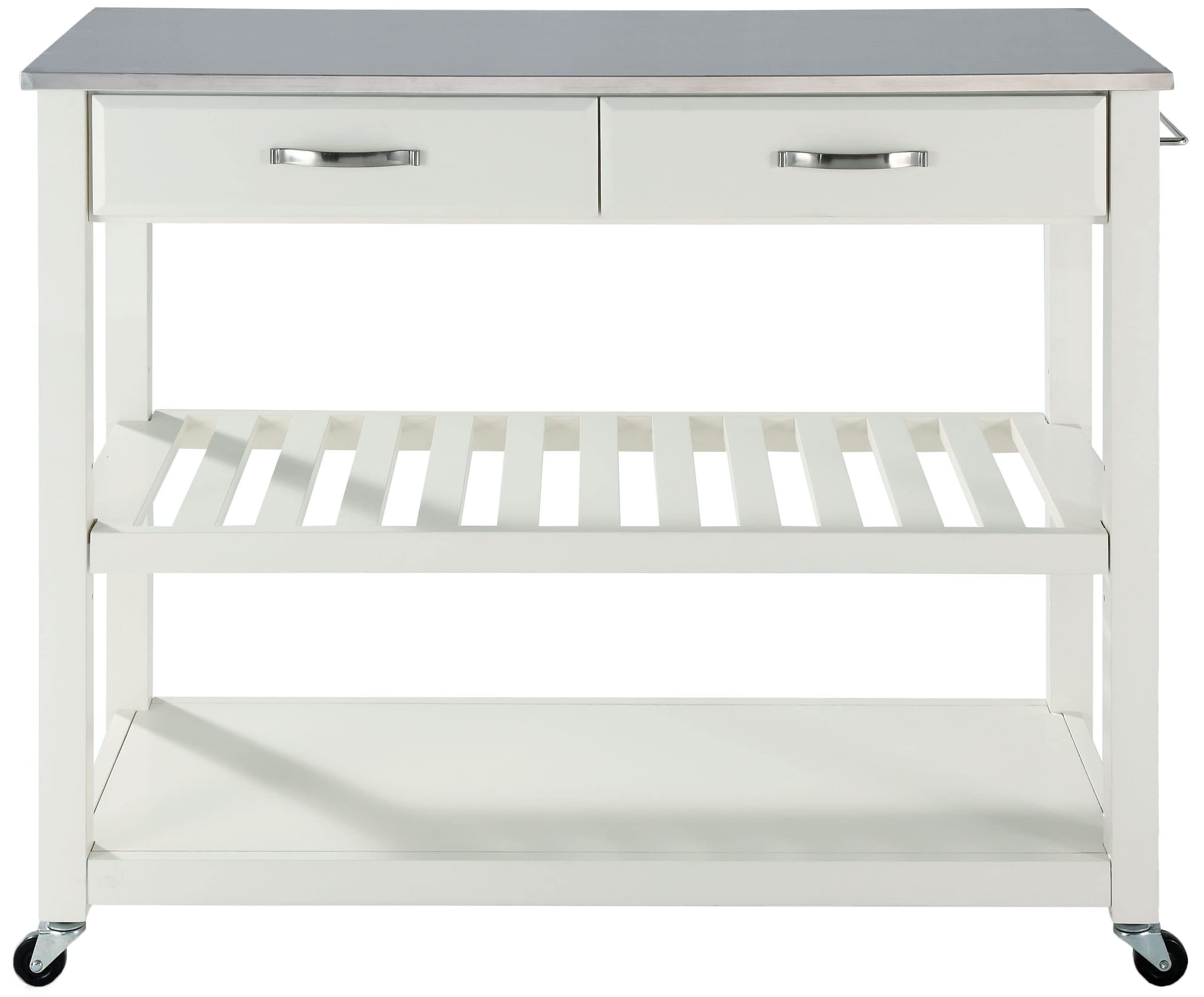 Crosley Furniture Stainless Steel Top Kitchen Prep Rolling Cart, Microwave Stand, Coffee Bar, with Shelves, White