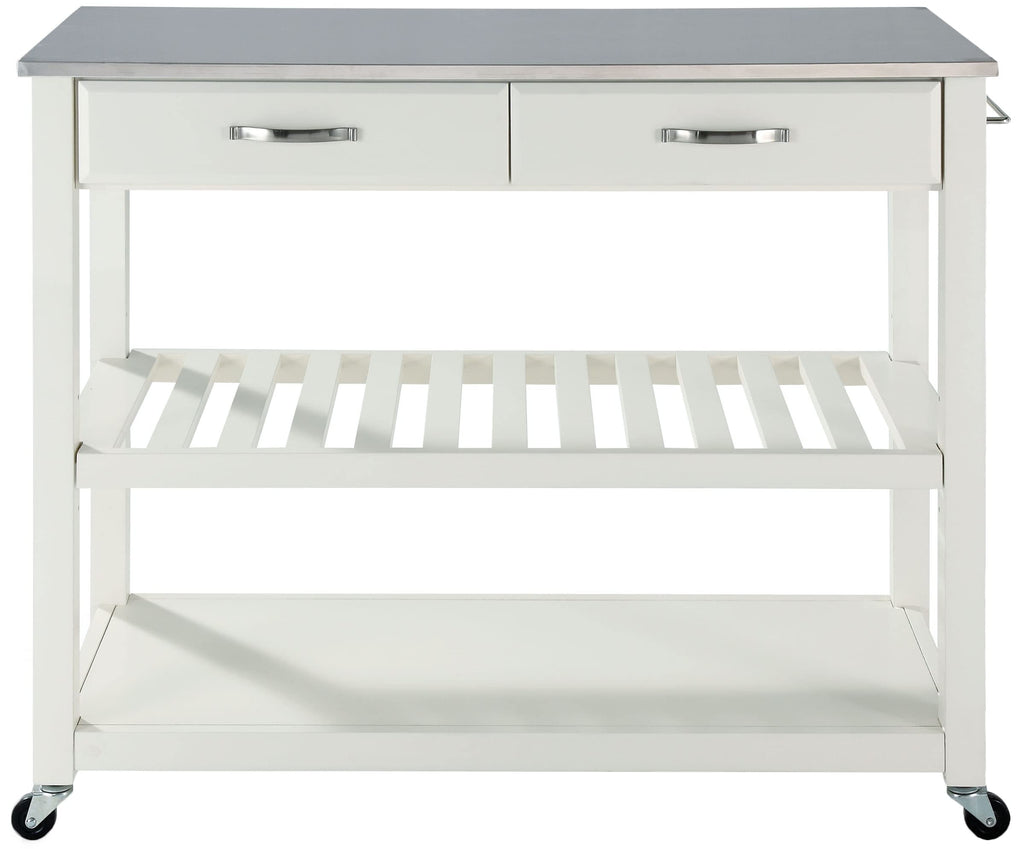 Crosley Furniture Stainless Steel Top Kitchen Prep Rolling Cart, Microwave Stand, Coffee Bar, with Shelves, White
