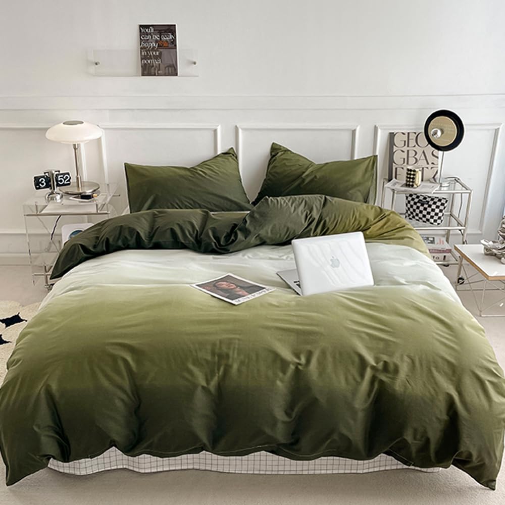Clothknow King Comforter Set Green White 3Pcs Green White Gradient Bedding Comforter Sets Dark Green Comforter King Soft Olive G