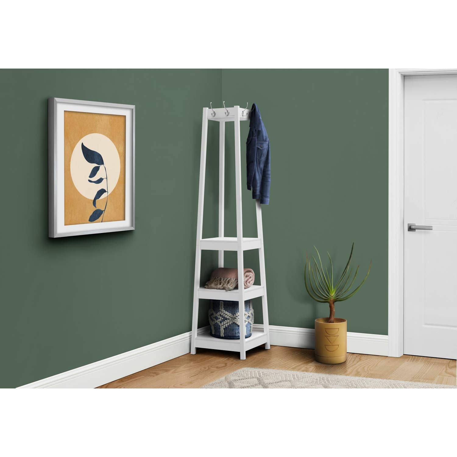 Monarch Specialties 4 Hooks and 3 Shelves Hanger Hanging for Entryway Hallway or Office Free Standing Hall-Tree, White