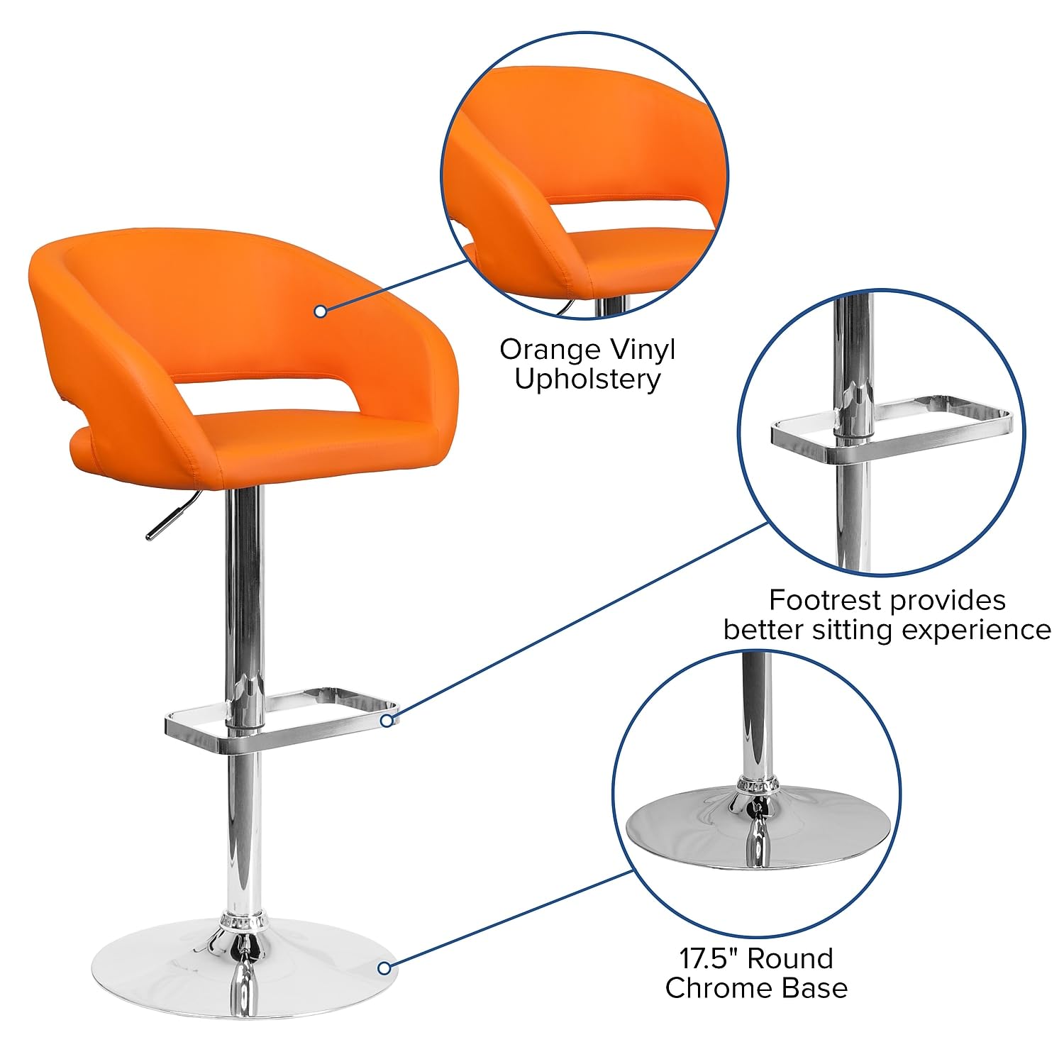 Flash Furniture Erik Comfortable & Stylish Contemporary Barstool with Rounded Mid-Back and Foot Rest, Adjustable Height - Orange Vinyl with Chrome Base