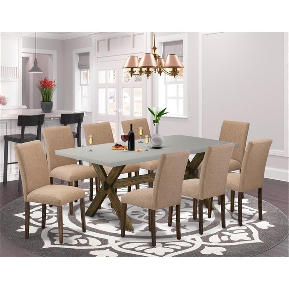 East West Furniture X797Ab747-9 9 Piece Dining Room Set Includes A Rectangle Kitchen Table With X-Legs And 8 Light Sable Linen Fabric Upholstered Parson Chairs, 40X72 Inch, Multi-Color
