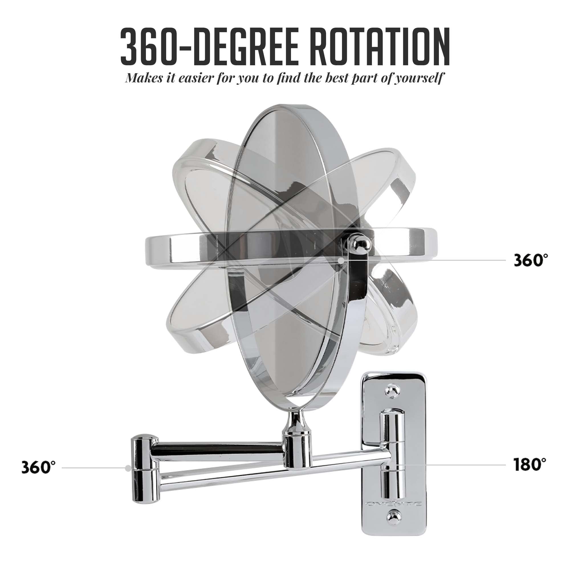 Ovente 7' Wall Mount Makeup Mirror, 1X & 10X Magnifier, Adjustable Spinning Double Sided Round Reflection, Extend, Retractable