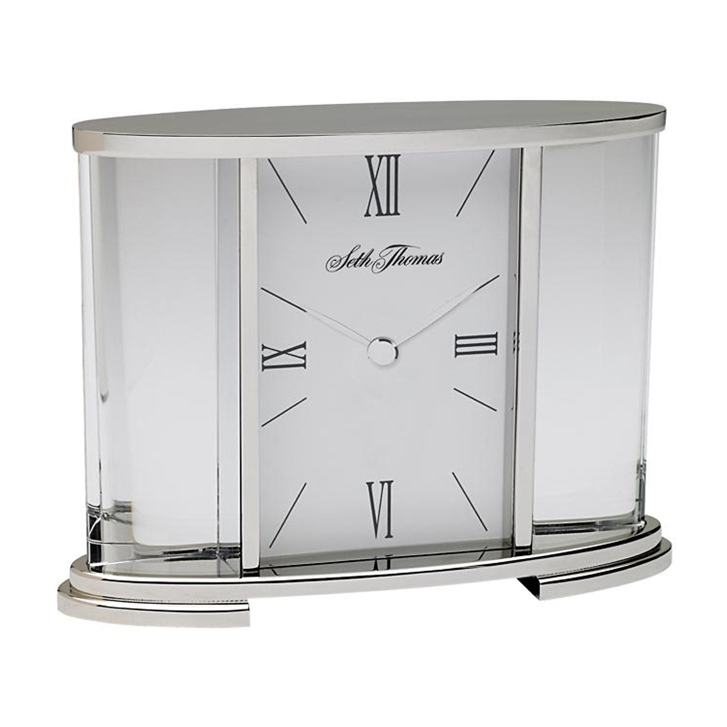 Seth Thomas Desire Highly Polished Silver Tone Metal and Glass Case with White Dial Carriage Mantel Clock