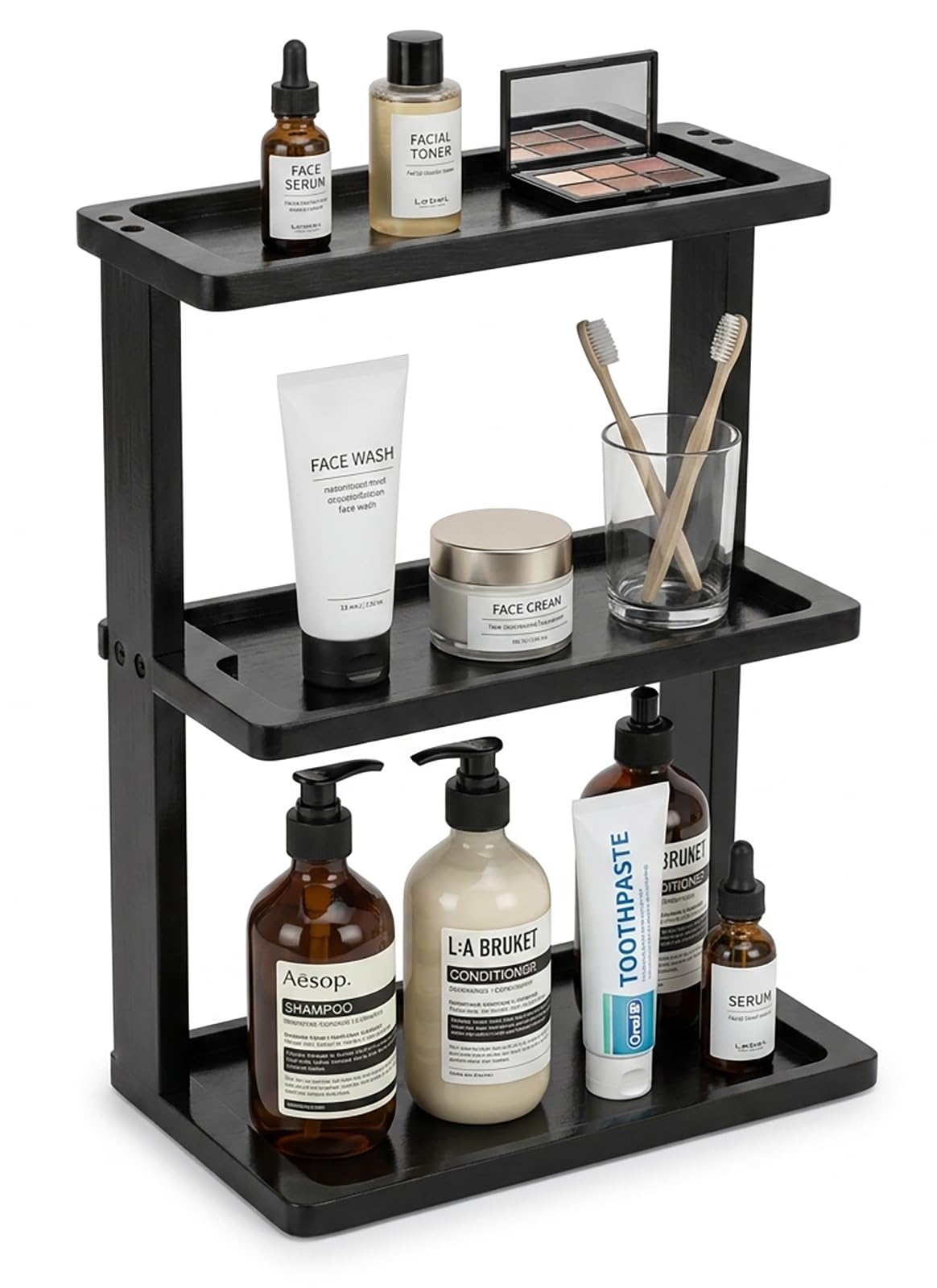 PEKER Bamboo Bathroom Organizer Countertop  Vanity Storage Shelf for Makeup, Perfume, Skincare  Natural Cosmetics Display Rack