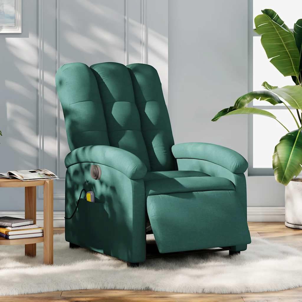 vidaXL Electric Massage Recliner Chair - Dark Green Fabric, Adjustable Backrest/Footrest, Vibration Massage, Side Pocket, for Living Room Study