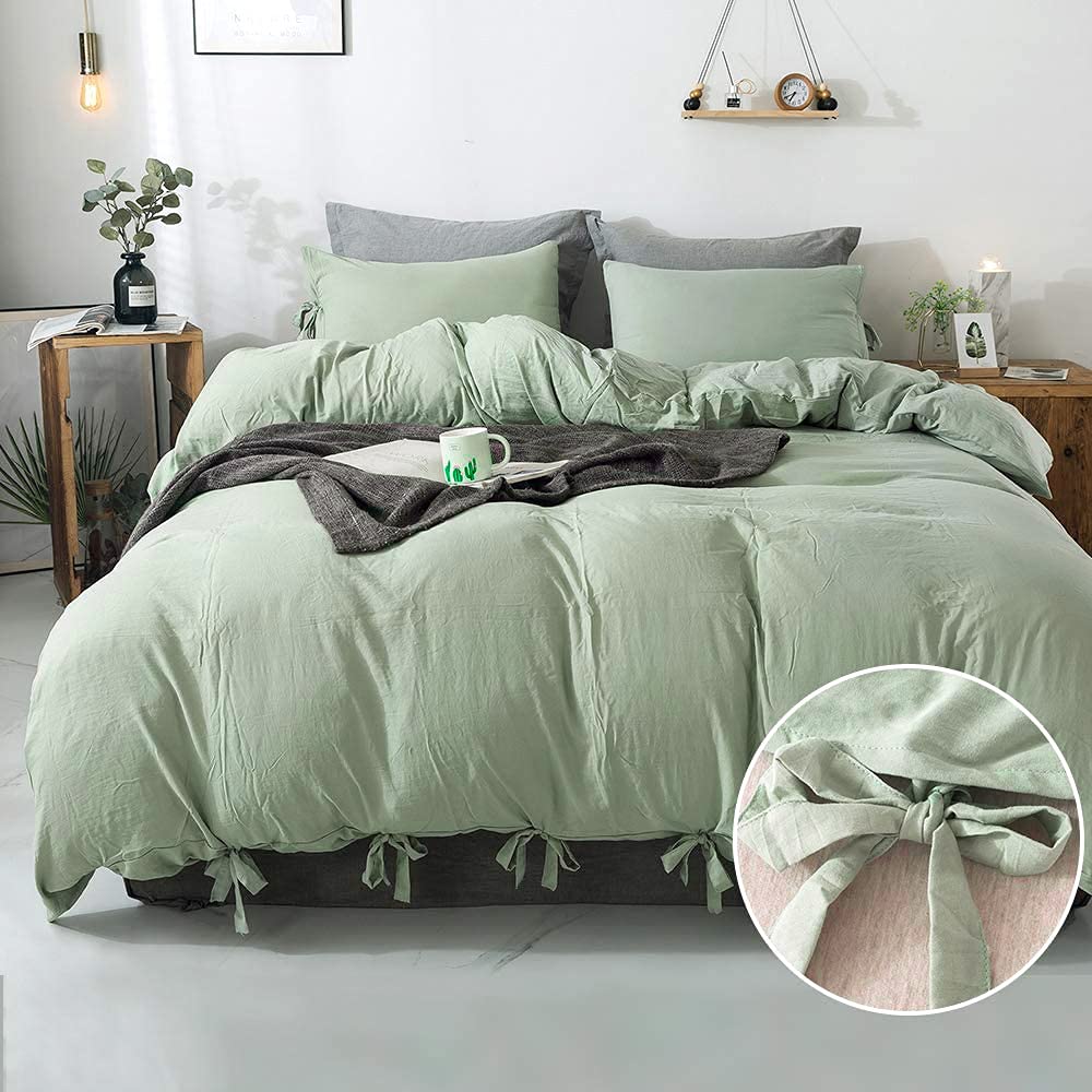 annadaif Duvet Cover Queen Size Sage Green, 3 Pieces Soft Washed Microfiber Duvet Cover Set, Comforter Cover with Bowknot Bow Ti