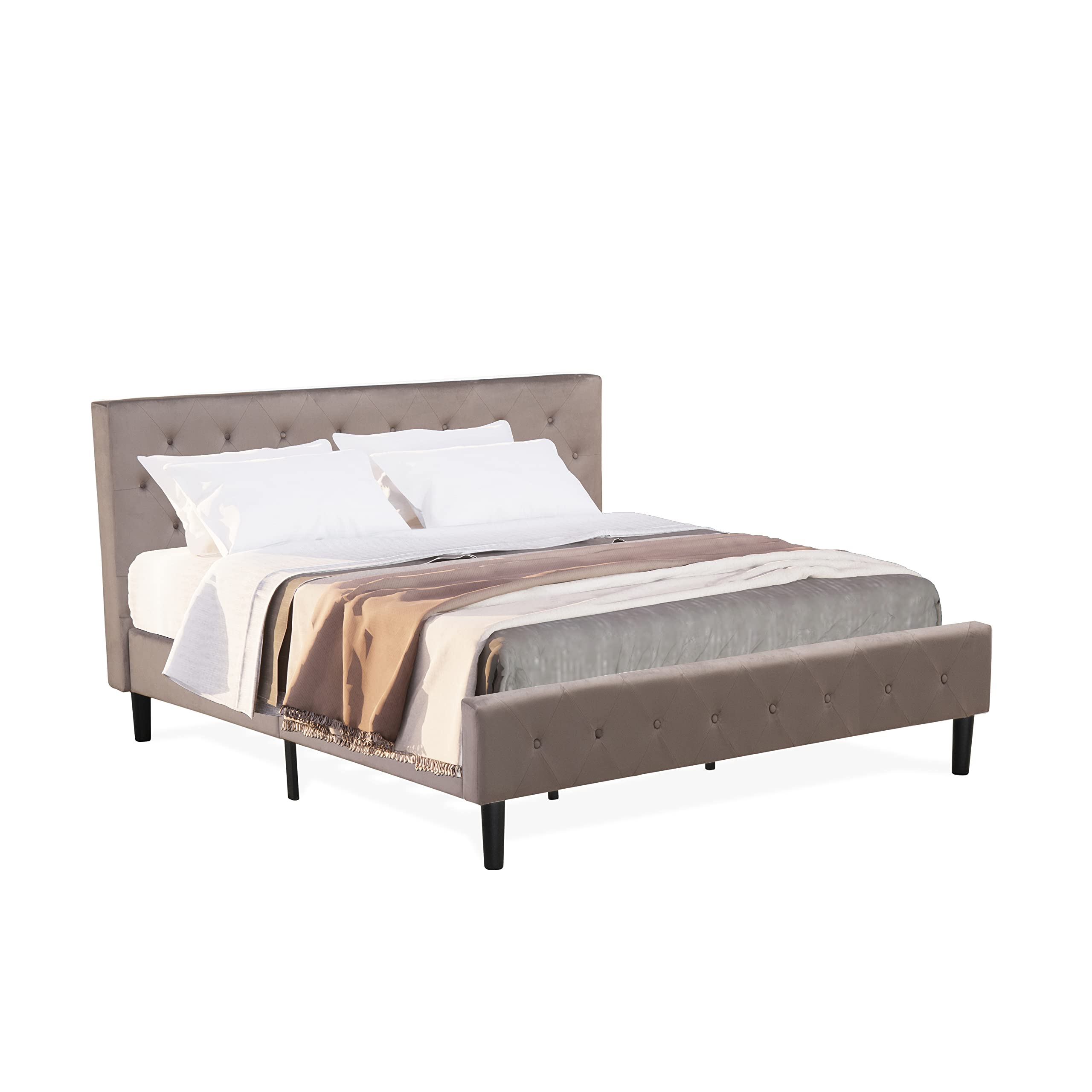 East West Furniture NL14F-1GO11 2 Piece Bedroom Set - Button Tufted Platform Bed Frame - Brown Taupe Velvet Fabric Upholstered Headboard and a Black Finish Nightstand