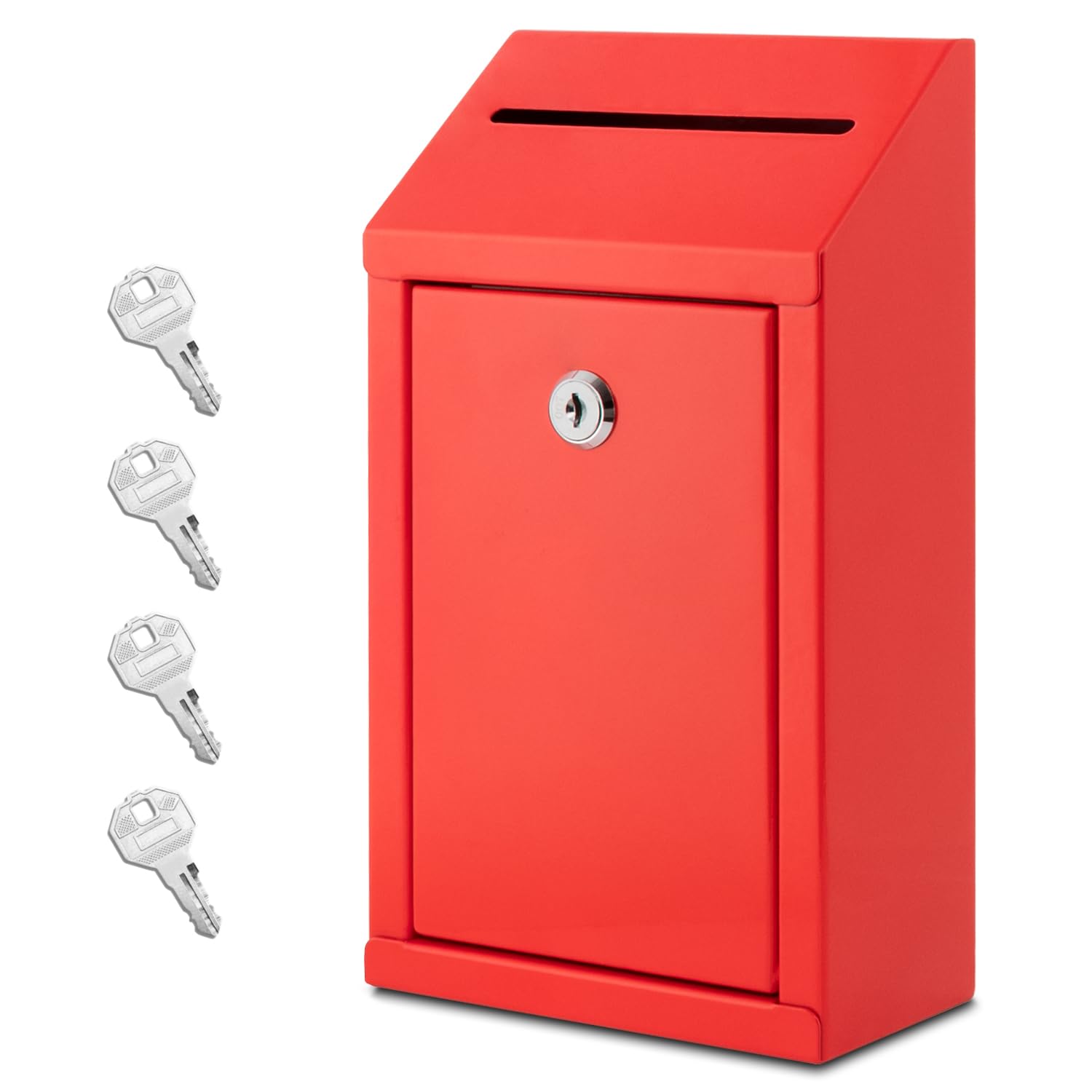 Eienhoshi Metal Donation Box With Lock, Wall Mounted, Suggestion Box With 4 Iron Keys, Red, Cash Drop Box With Slot, 1-Pack