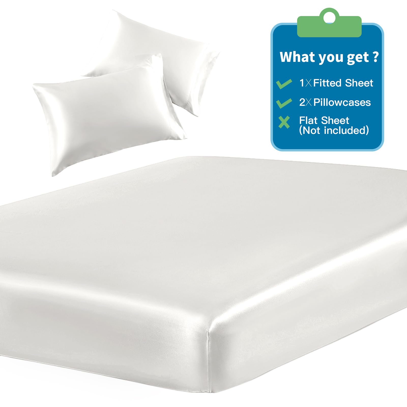 Siinvdabzx 3-Piece Set Satin King Fitted Sheet & 2 Pillowcase, Ivory White Silky Soft Fitted Bottom Sheet, Wrinkle Free, Fade Re