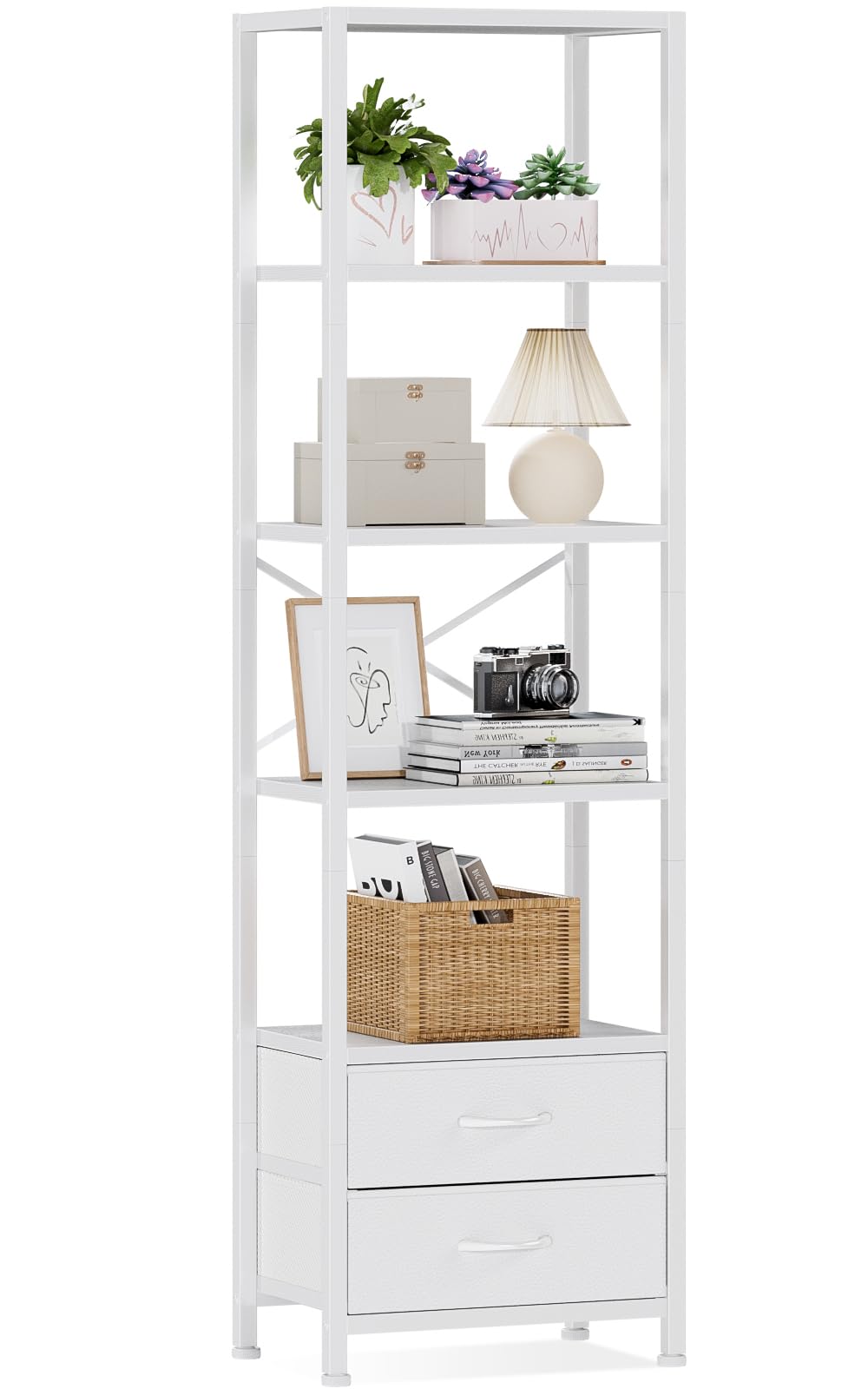 Furnulem 5-Tier Corner Shelf, Narrow Bookshelf with 2 Storage Drawers, Tall Bookcase, Standing Shelf Organizer Unit for Living R