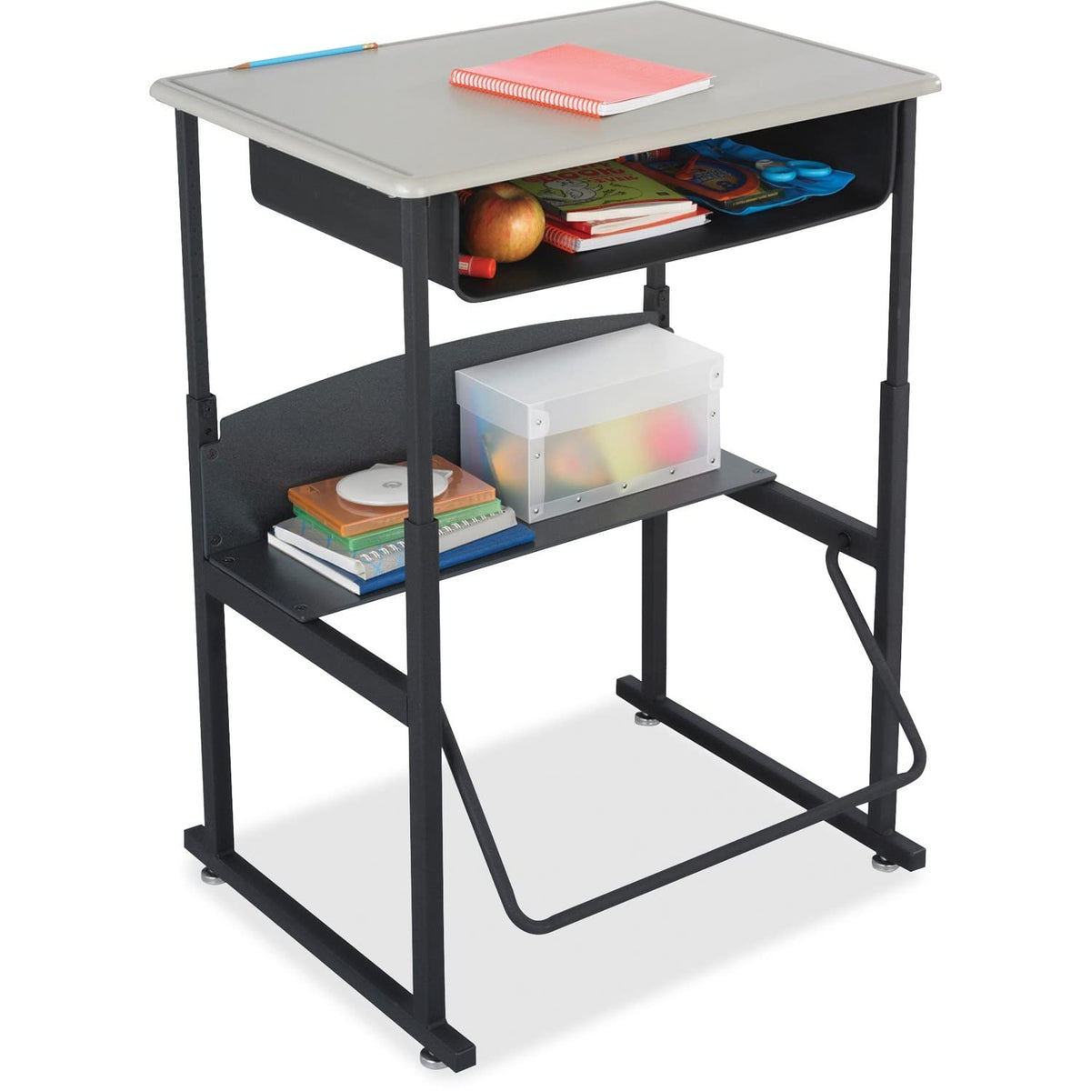 Safco AlphaBetter Student Standing Desk with Storage Book Box, Adjustable Height with Shelf and Swinging Pendulum Foot Rest, 28&quot; W x 20&quot; D, Black