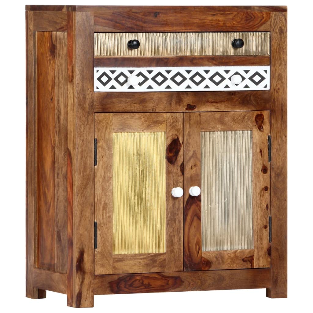 vidaXL Solid Sheesham Wood Side Cabinet – Mid-Century Elegance with Decorative Diamond Pattern, Ample Storage with Drawers and Doors, Easily Cleanable & Assembles Quickly