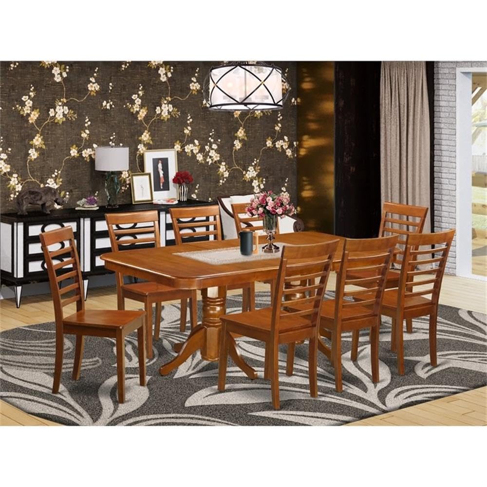 East West Furniture NAML9-SBR-W 9 Piece Kitchen Table & Chairs Set Includes a Rectangle Dining Table with Butterfly Leaf and 8 Dining Room Chairs, 40x78 Inch, Saddle Brown
