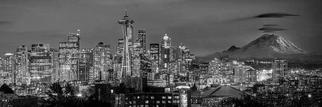 PHOTOSBYJON Seattle Skyline 2020 Photo Print UNFRAMED Dusk BW Black & White City Downtown 11.75 inches x 36 inches Rainier Photo