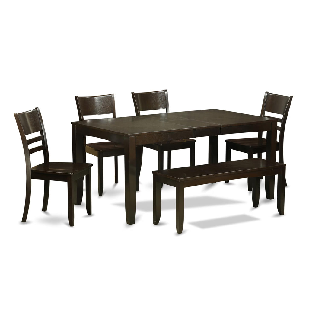 East West Furniture LYFD6-CAP-W Lynfield 6 Piece Kitchen Set Contains a Rectangle Table with Butterfly Leaf and 4 Dining Chairs with a Bench, 36x66 Inch