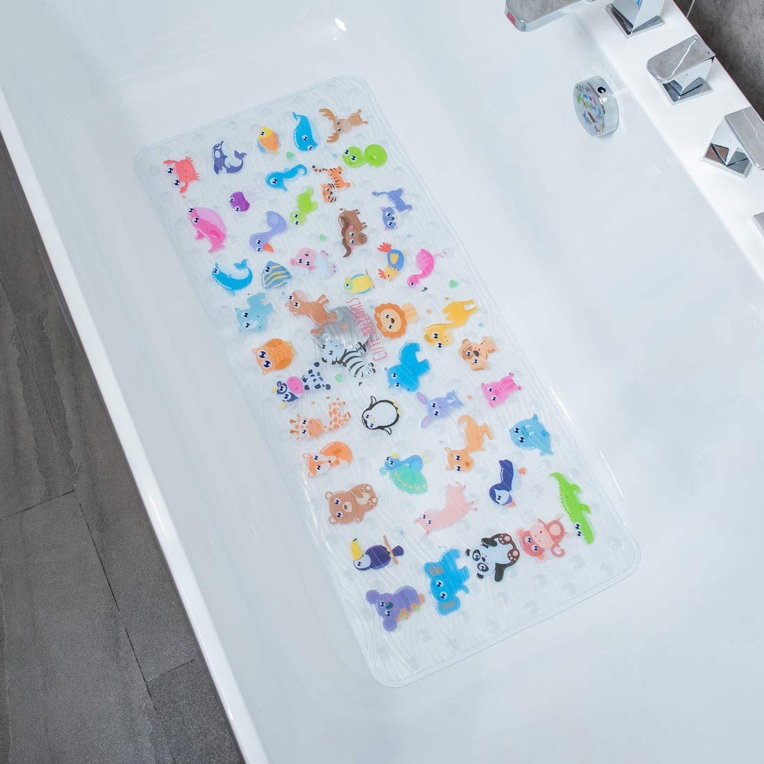 BeeHomee Cartoon Non Slip Bathtub Mat for Kids - 34x15 Inch XL Large Size Anti Slip Shower Mats for for Toddlers Children Baby F