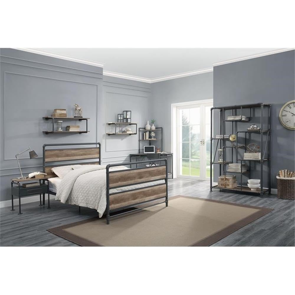 Acme Brantley Metal Full Bed with Wooden Headboard in Antique Oak and Sandy Gray