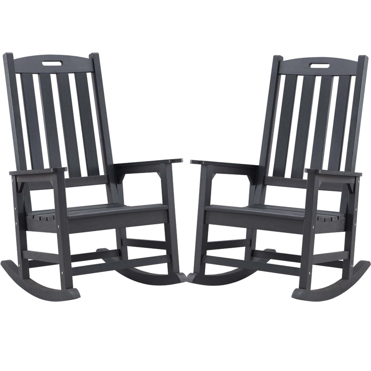 Psilvam Patio Rocking Chairs Set Of 2, Poly Lumber Porch Rocker With High Back, 350Lbs Support,Looks Like Real Wood For Both Outdoor And Indoor (2, Carbon Black)