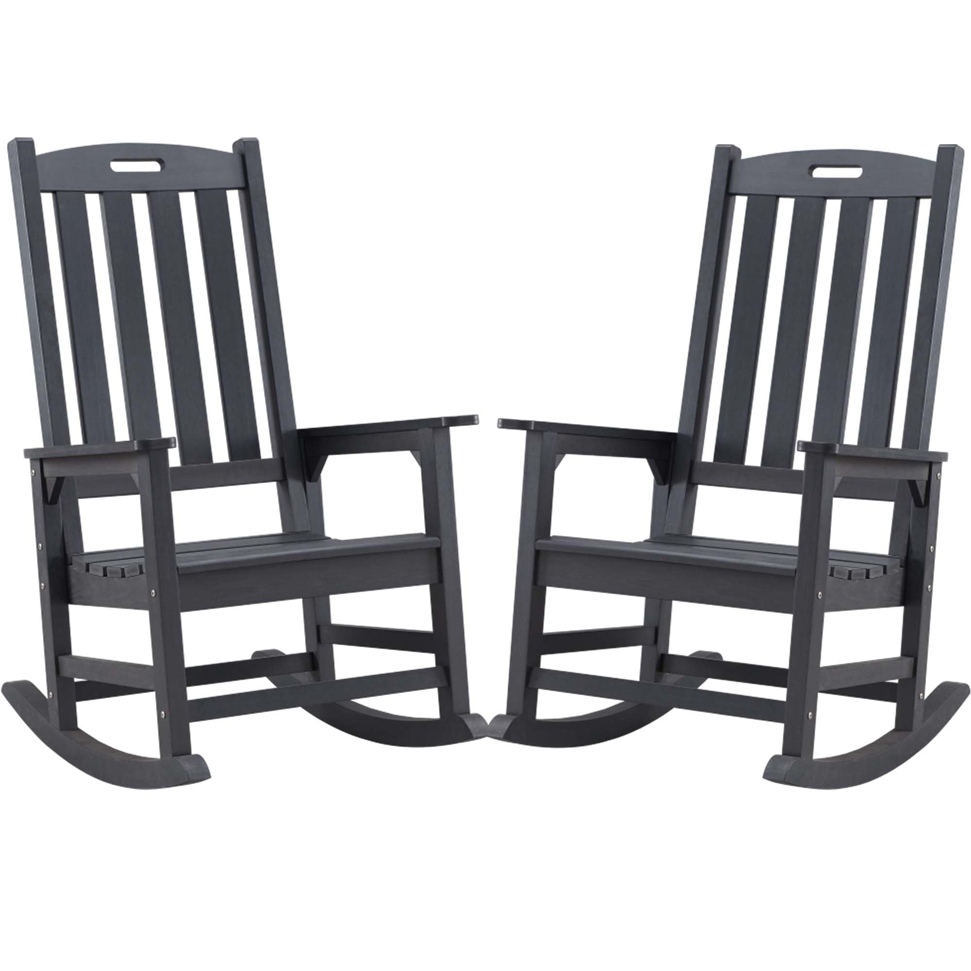 Psilvam Patio Rocking Chairs Set Of 2, Poly Lumber Porch Rocker With High Back, 350Lbs Support,Looks Like Real Wood For Both Outdoor And Indoor (2, Carbon Black)