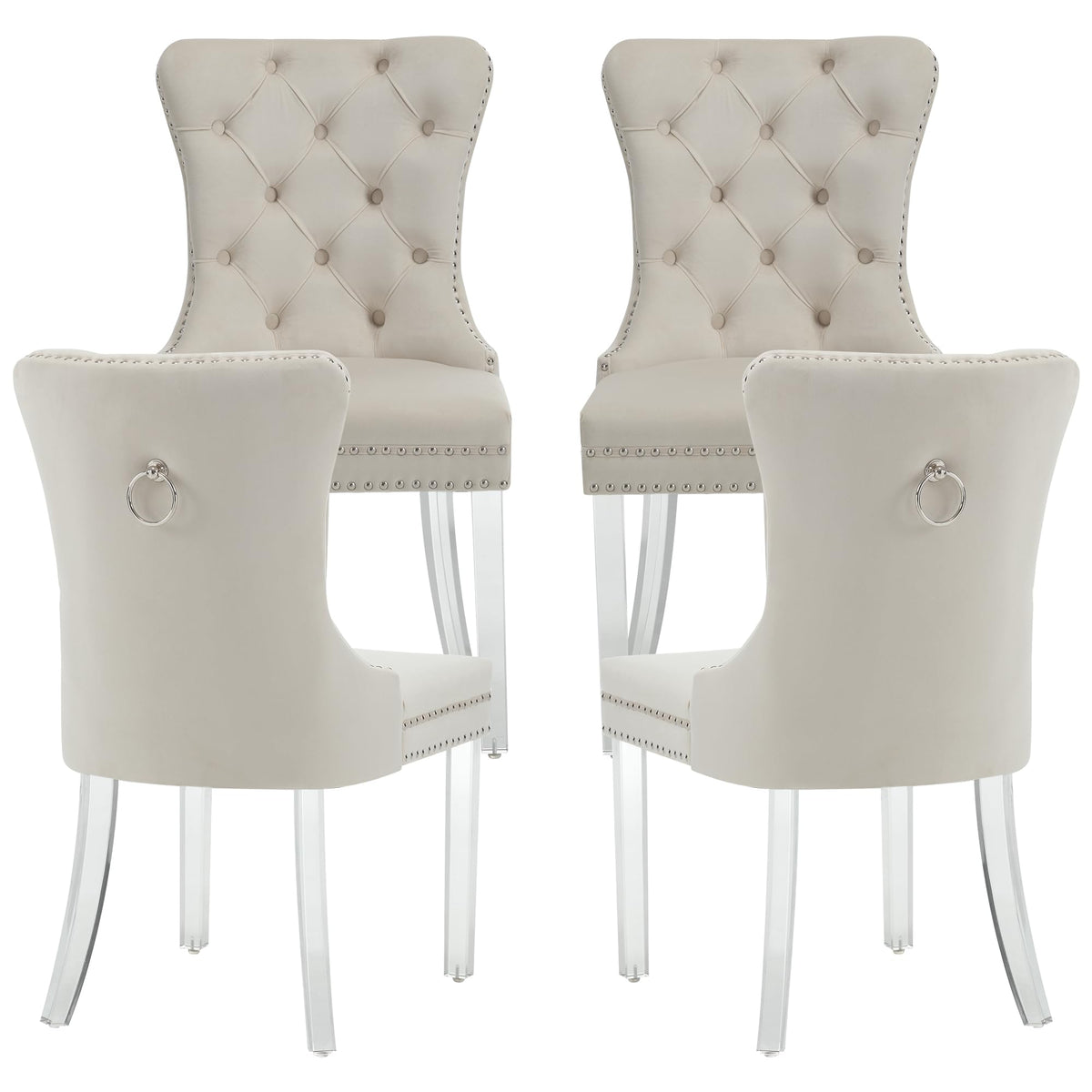 Goolon Dining Room Chairs Set Of 4, Button Tufted Velvet Chairs With Modern Acrylic Legs, Rivet Trim Metal Pull Ring Large Back