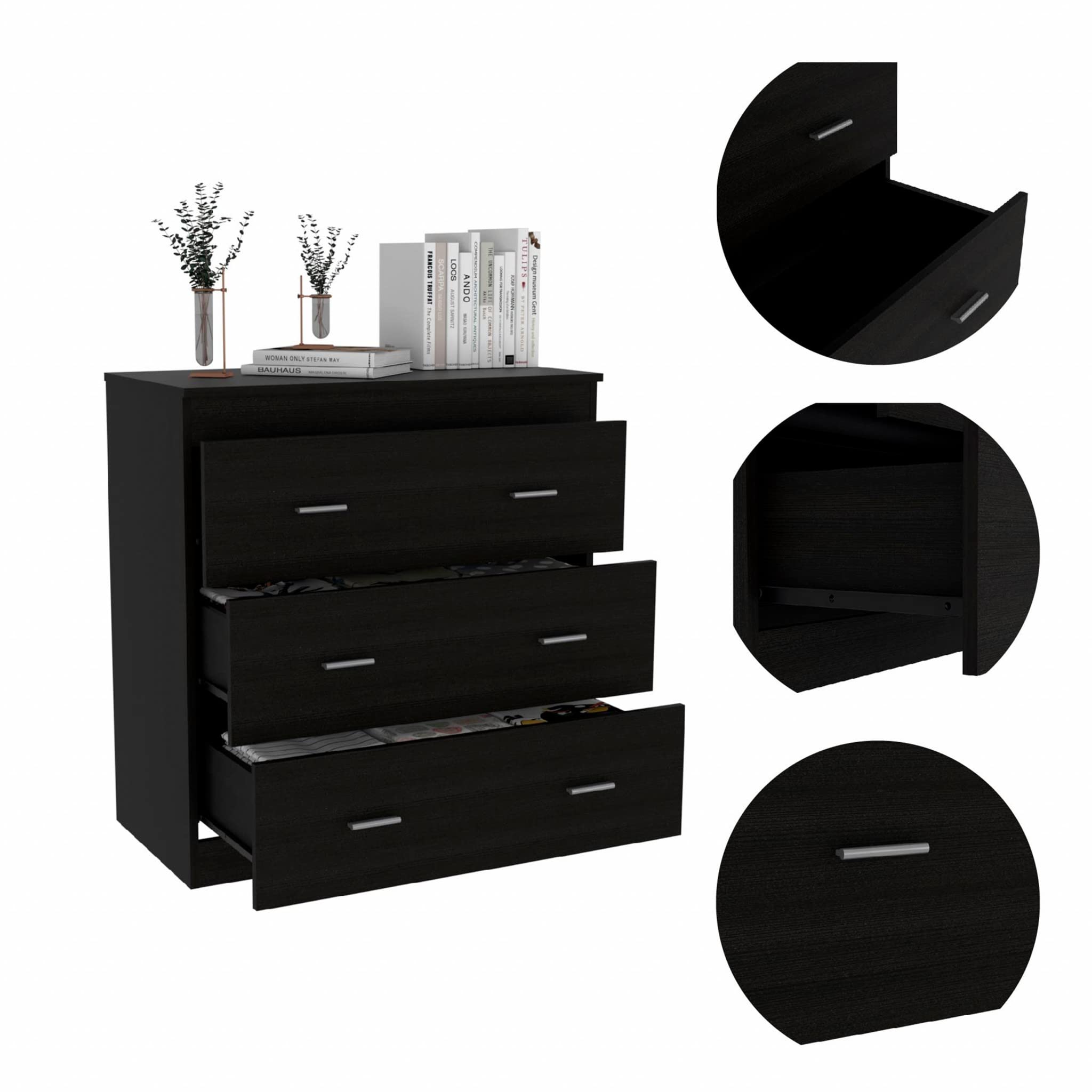 HomeRoots Particle Board 33' Black Three Drawer Dresser