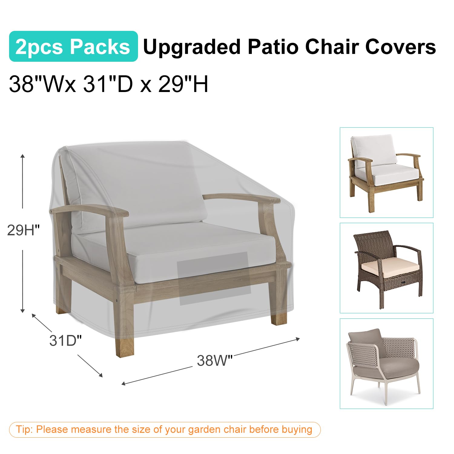 Brosyda Patio Chair Covers For Outdoor Furniture Waterproof 2 Pack, Lawn Chair Covers Heavy Duty Patio Furniture Covers, Large Covers For Lounge Lawn Deep Seat 38' W X 31' D X 29' H-Gray