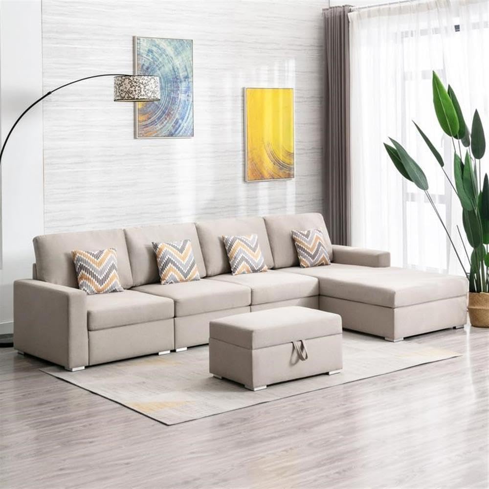 Lilola Home Nolan Beige Linen Fabric 5Pc Reversible Sofa Chaise with Interchangeable Legs, Storage Ottoman, and Pillows