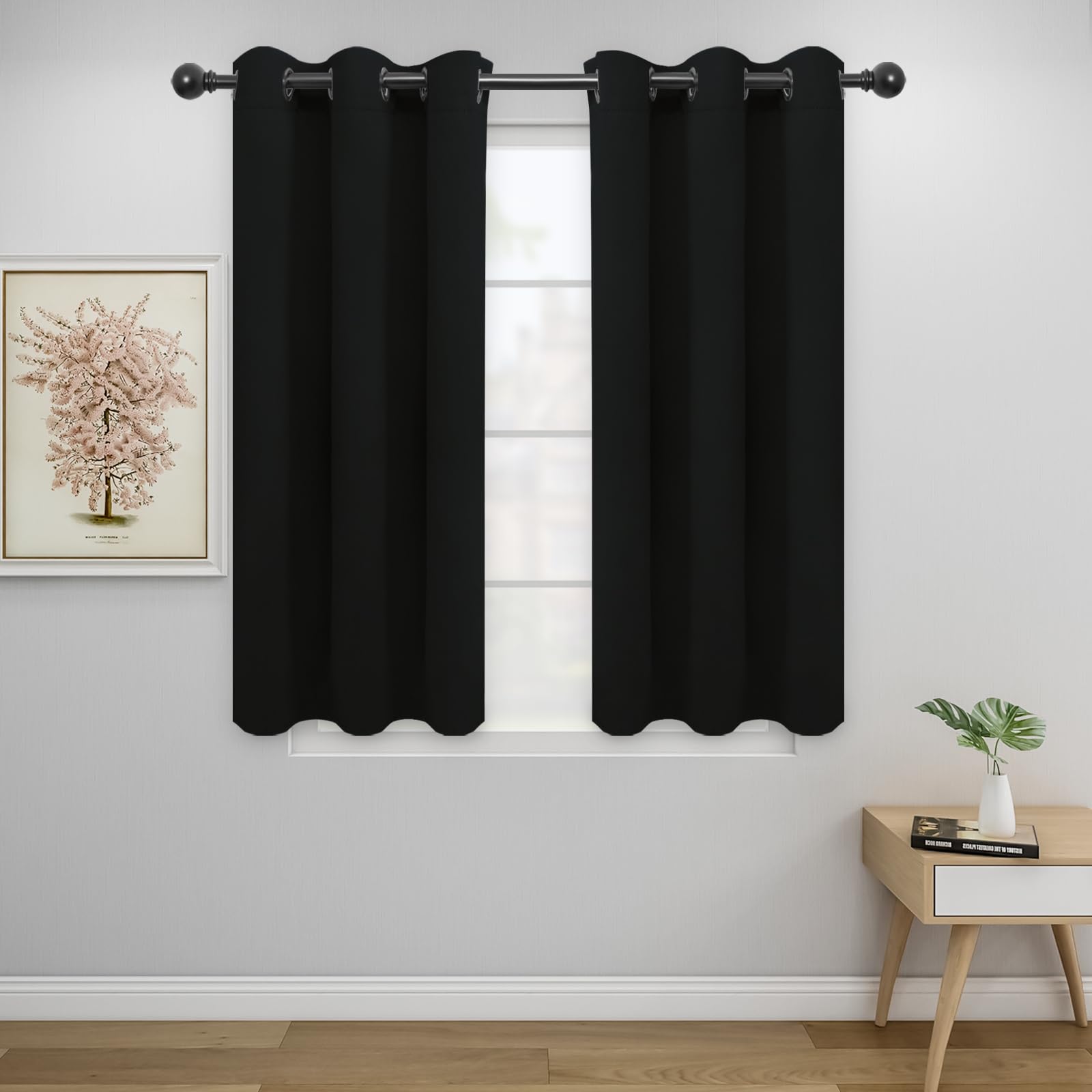 Easy-Going Blackout Curtains For Bedroom, Solid Thermal Insulated Grommet And Noise Reduction Window Drapes, Room Darkening Curtains For Living Room, 2 Panels (34X45 In, Black)