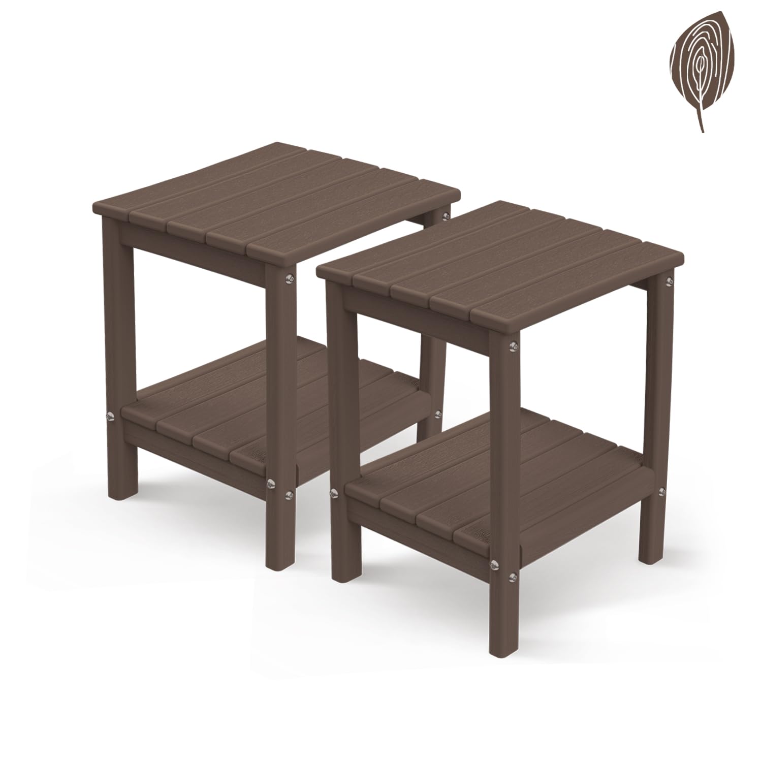 Greenvines Adirondack-Outdoor-Side-Table | Set Of 2 | Wood Grain | 14 X 13 Inches | Hdpe Plastic | All Weather | Dark Brown | Outside End Tables | Storage Shelf | For Patio