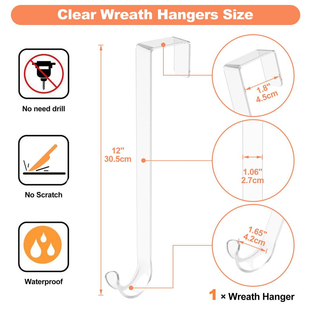 12' Clear Wreath-Hanger Non Scratch Over The Door Hooks,1 Pack Wreath-Door-Hanger Easter Halloween Christmas Decoration,Welcome