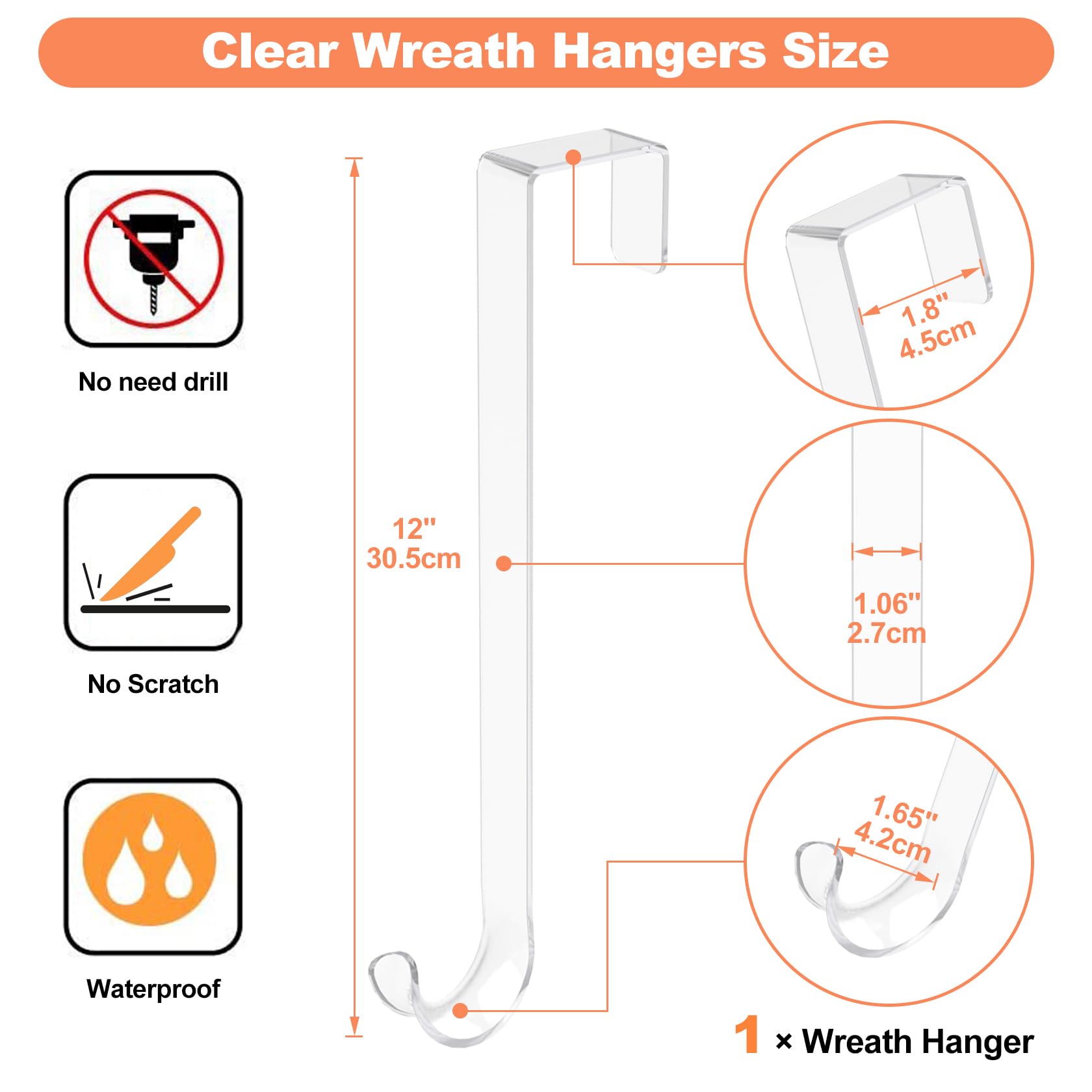 12' Clear Wreath-Hanger Non Scratch Over The Door Hooks,1 Pack Wreath-Door-Hanger Easter Halloween Christmas Decoration,Welcome