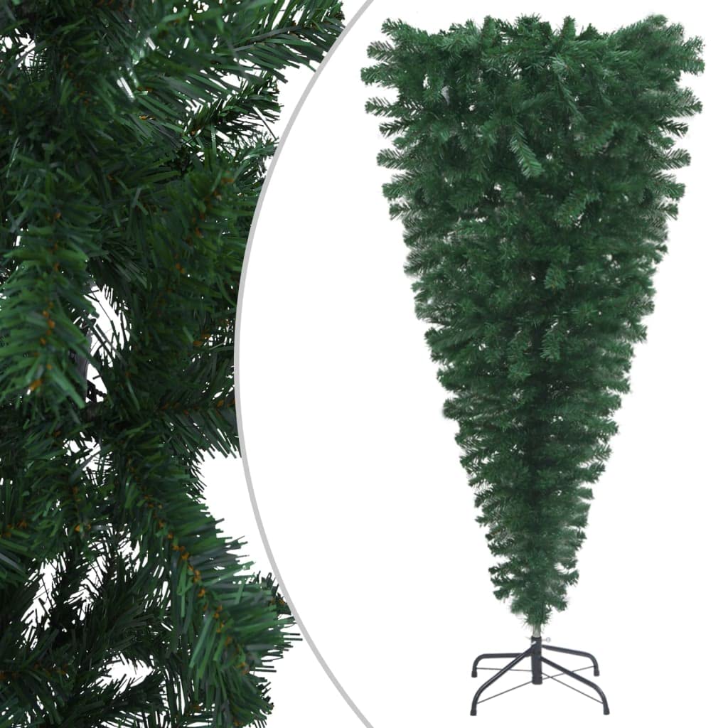 Vidaxl Pre-Lit Upside-Down Artificial Christmas Tree With Adjustable Branches, Steel Stand, And Ball Set - Green/White, 70.9&quot; Height
