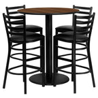 Flash Furniture Clark 36'' Round Walnut Laminate Table Set With 4 Ladder Back Metal Barstools - Black Vinyl Seat