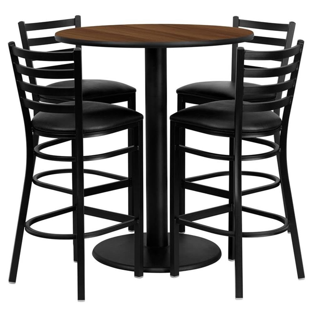 Flash Furniture Clark 36'' Round Walnut Laminate Table Set With 4 Ladder Back Metal Barstools - Black Vinyl Seat