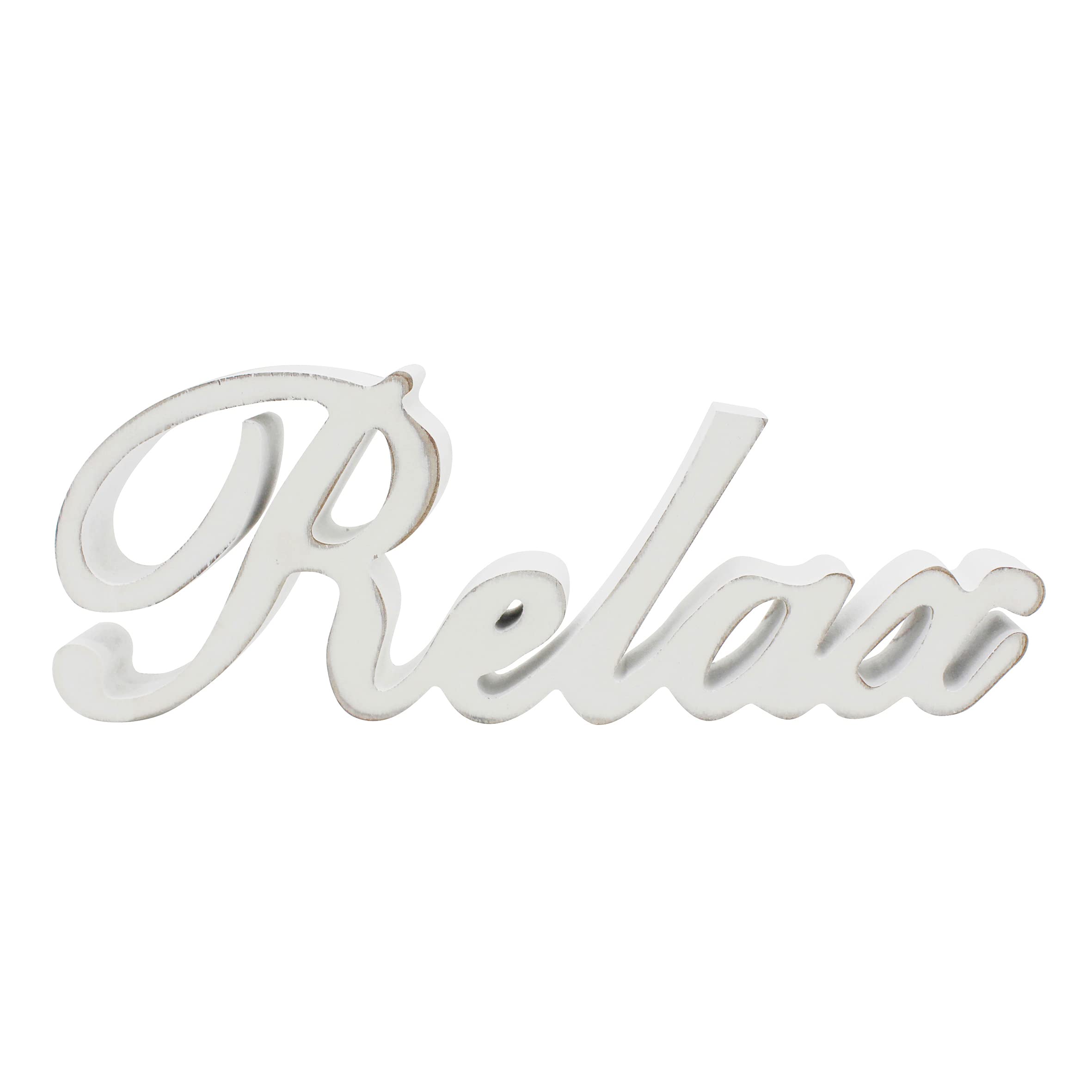 CVHOMEDECO. Rustic Vintage Distressed White Wooden Words Sign Free Standing Relax Tabletop/Shelf/Home Wall/Office Decoration Art